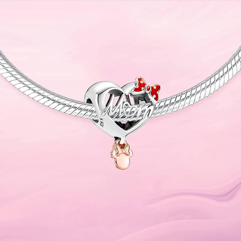 VALGACLS 925 Sterling Silver Family Love Mom Mouse Heart Charms for Bracelets Necklace Valentine's Day Mother's Day Jewelry Charm for Women - Image 2